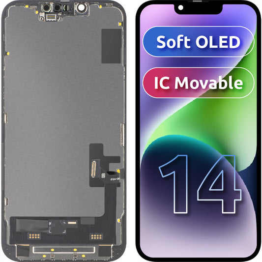 Display cu Touchscreen MP compatibil cu Apple iPhone 14, cu Rama, Versiune Soft OLED IC Movable FHD, Negru