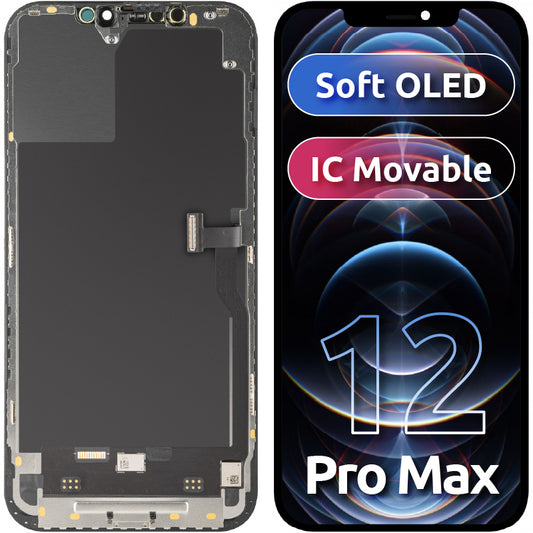 Display cu Touchscreen MP compatibil cu Apple iPhone 12 Pro Max, cu Rama, Versiune Soft OLED IC Movable FHD, Negru