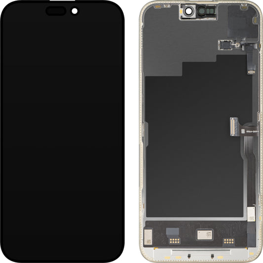 Display cu Touchscreen si Senzor Proximitate MP compatibil cu Apple iPhone 15 Pro Max, cu Rama, Versiune Soft OLED FHD 120Hz Diagnostic, Negru