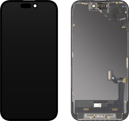 Display cu Touchscreen si Senzor Proximitate MP compatibil cu Apple iPhone 15, cu Rama, Versiune Soft OLED FHD Diagnostic, Negru