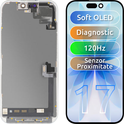 Display cu Touchscreen si Senzor Proximitate MP compatibil cu Apple iPhone 17, cu Rama, Versiune Soft OLED FHD 120Hz Diagnostic, Negru