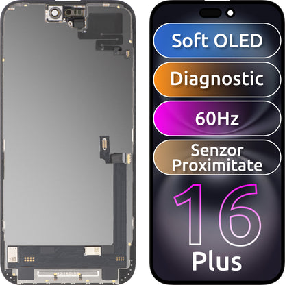 Display cu Touchscreen si Senzor Proximitate MP compatibil cu Apple iPhone 16 Plus, cu Rama, Versiune Soft OLED FHD Diagnostic, Negru