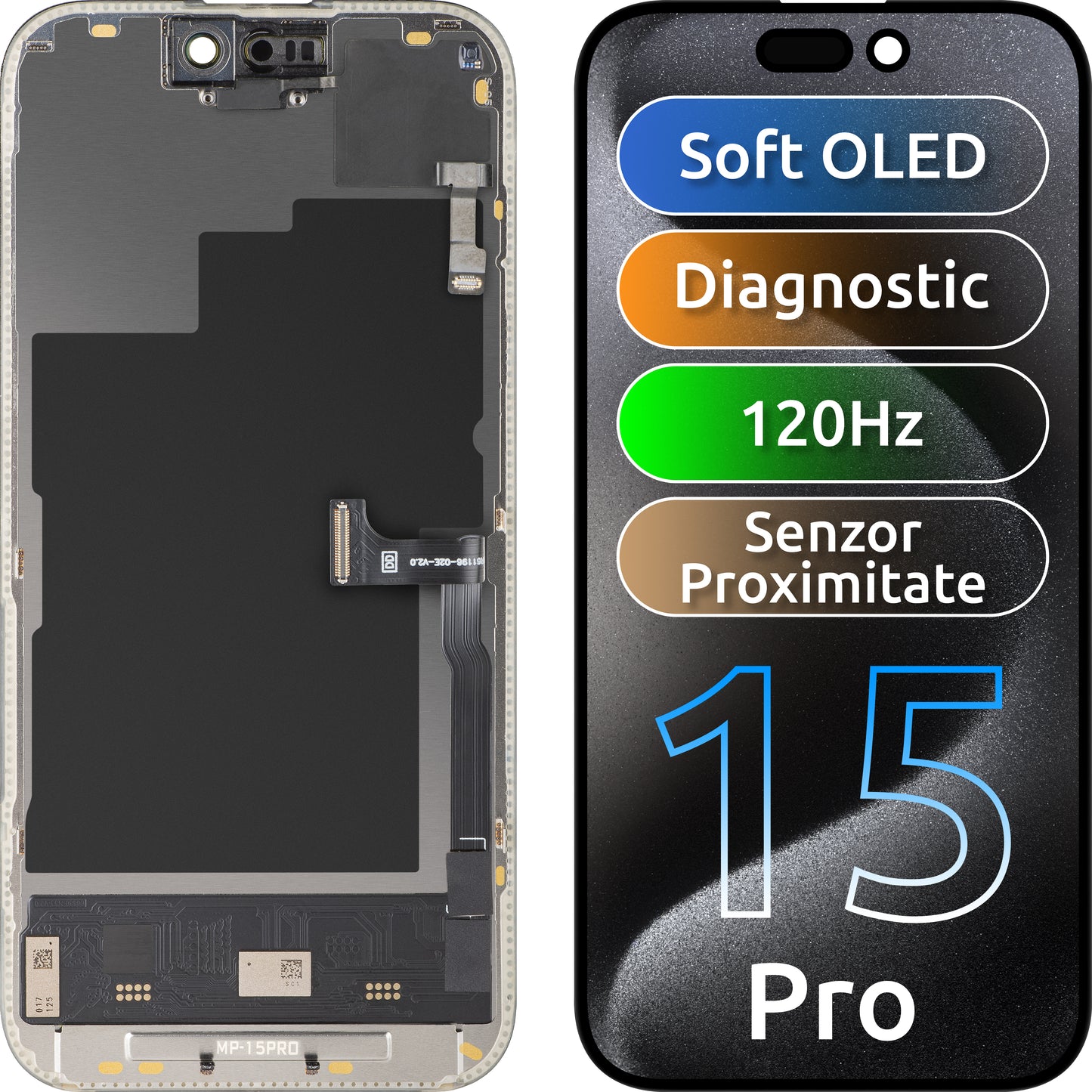 Display cu Touchscreen si Senzor Proximitate MP compatibil cu Apple iPhone 15 Pro, cu Rama, Versiune Soft OLED FHD 120Hz Diagnostic, Negru