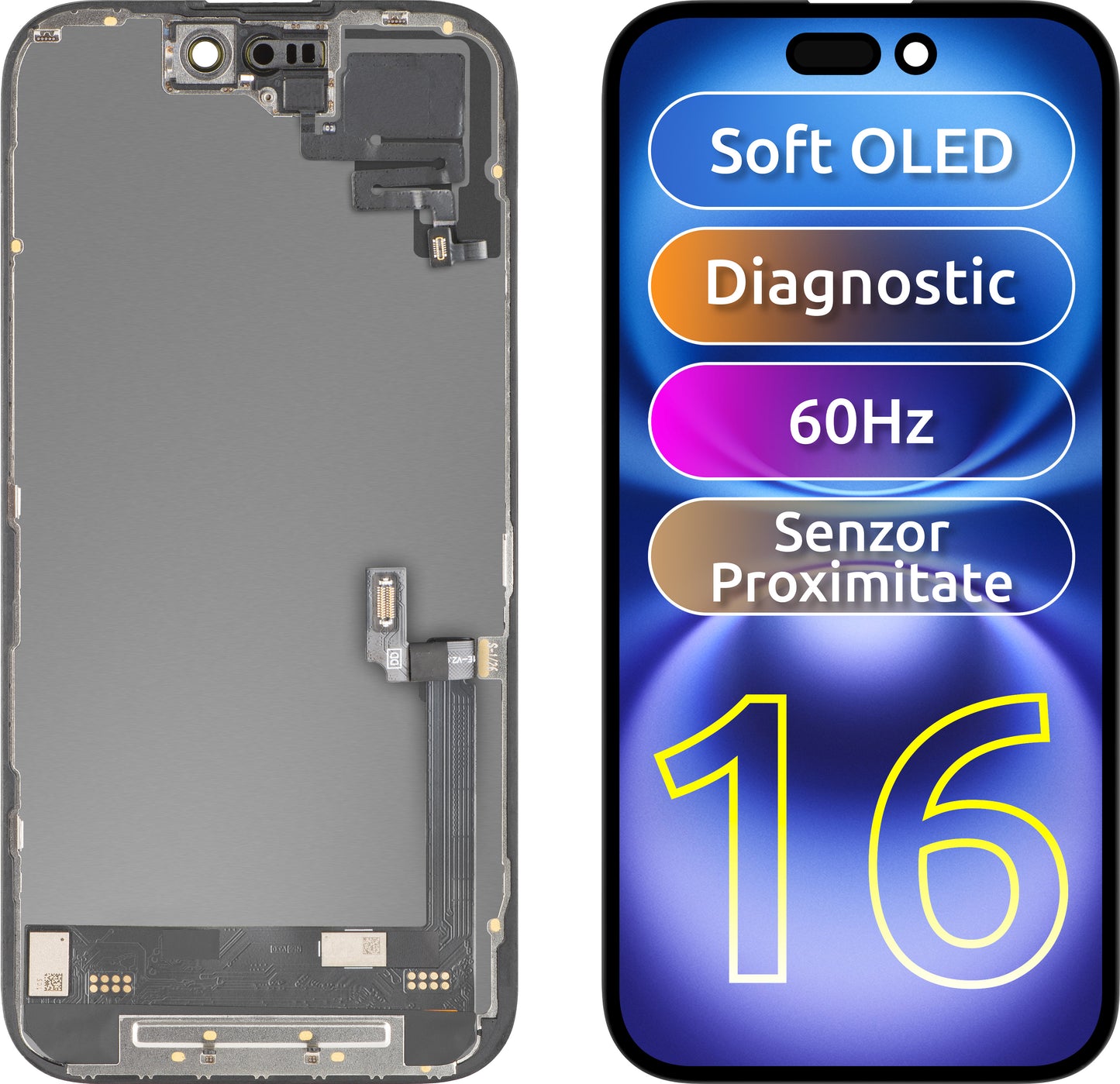 Display cu Touchscreen si Senzor Proximitate MP compatibil cu Apple iPhone 16, cu Rama, Versiune Soft OLED FHD Diagnostic, Negru