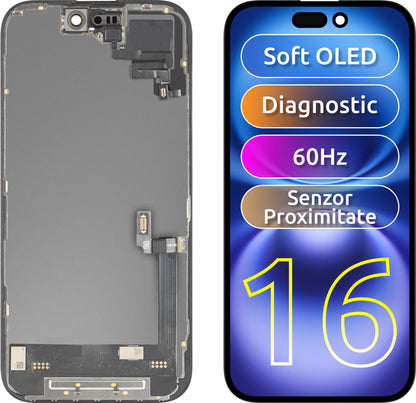 Display cu Touchscreen si Senzor Proximitate MP compatibil cu Apple iPhone 16, cu Rama, Versiune Soft OLED FHD Diagnostic, Negru
