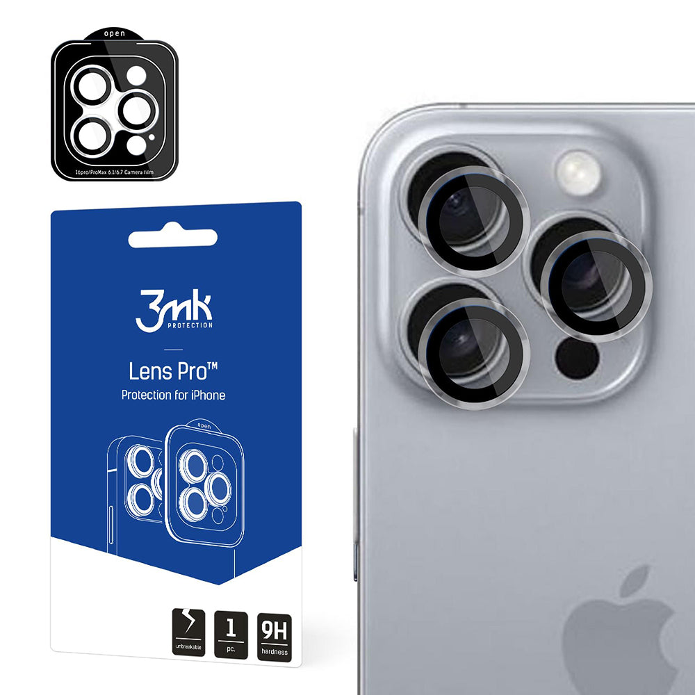 Folie de protectie Camera Spate 3MK Lens Pro pentru Apple iPhone 16 Pro Max / 16 Pro, Sticla Securizata, Neagra