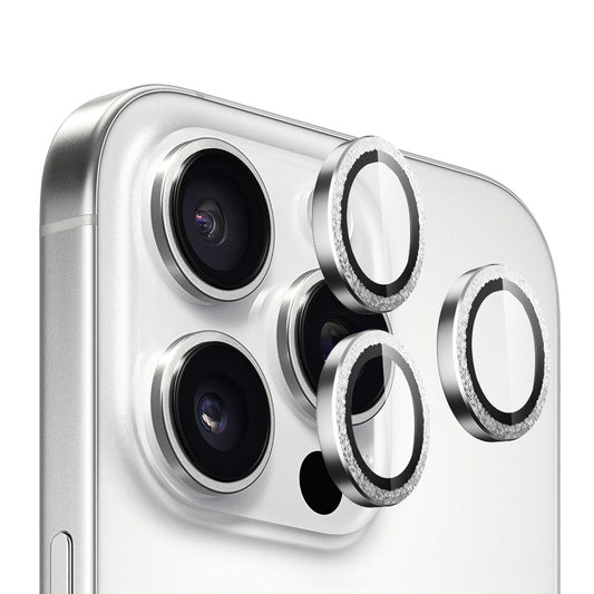 Folie de protectie Camera Spate Blueo Glitter Diamond Metal Frame pentru Apple iPhone 16 Pro Max / 16 Pro, Sticla Securizata, Argintie