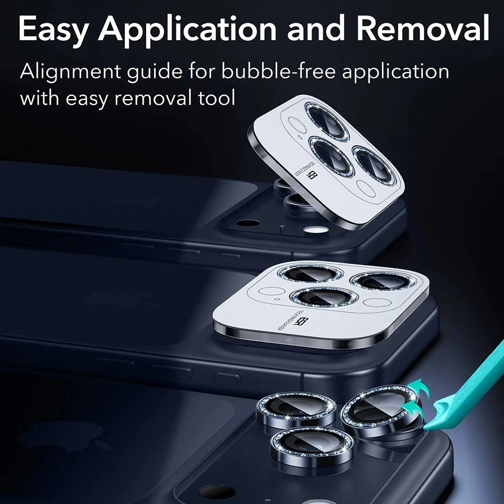 Folie de protectie Camera Spate ESR Glitter Diamond Armorite pentru Apple iPhone 17 Pro Max / 17 Pro, Sticla Securizata, Full Glue, Albastra