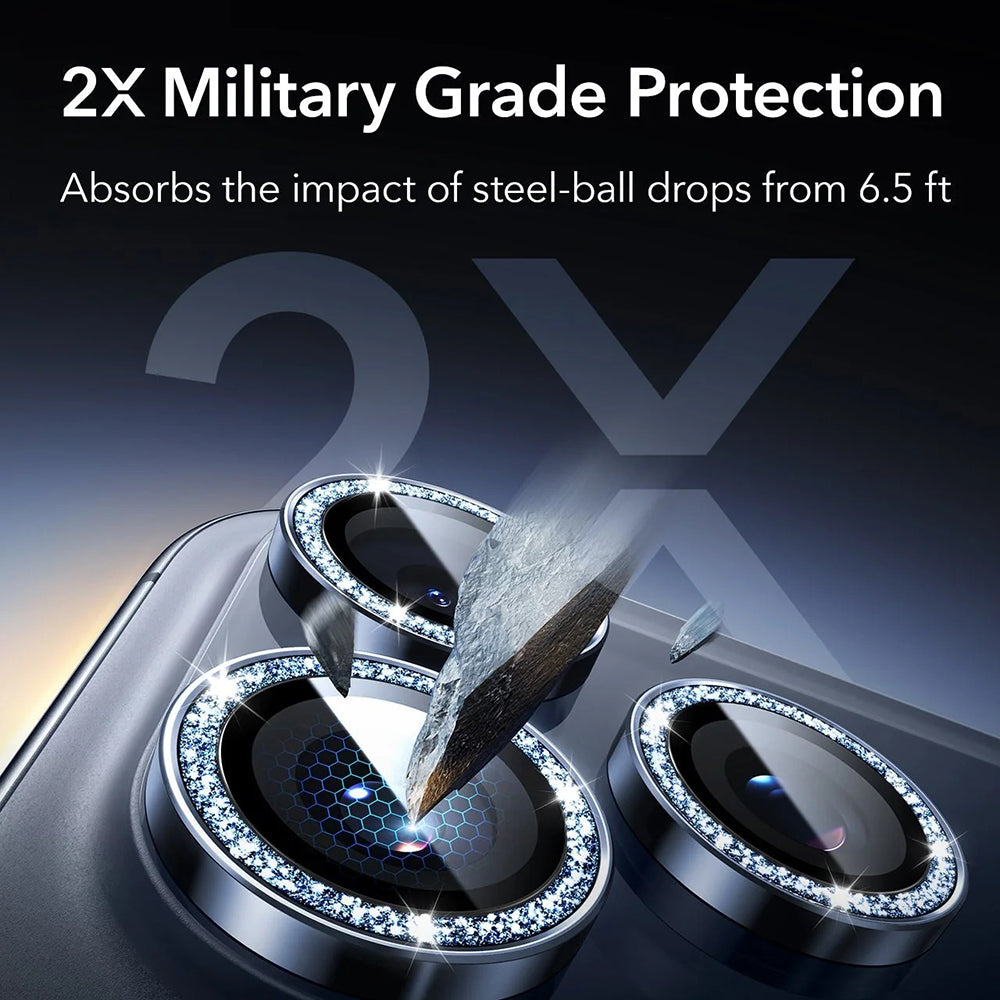 Folie de protectie Camera Spate ESR Glitter Diamond Armorite pentru Apple iPhone 17 Pro Max / 17 Pro, Sticla Securizata, Full Glue, Albastra