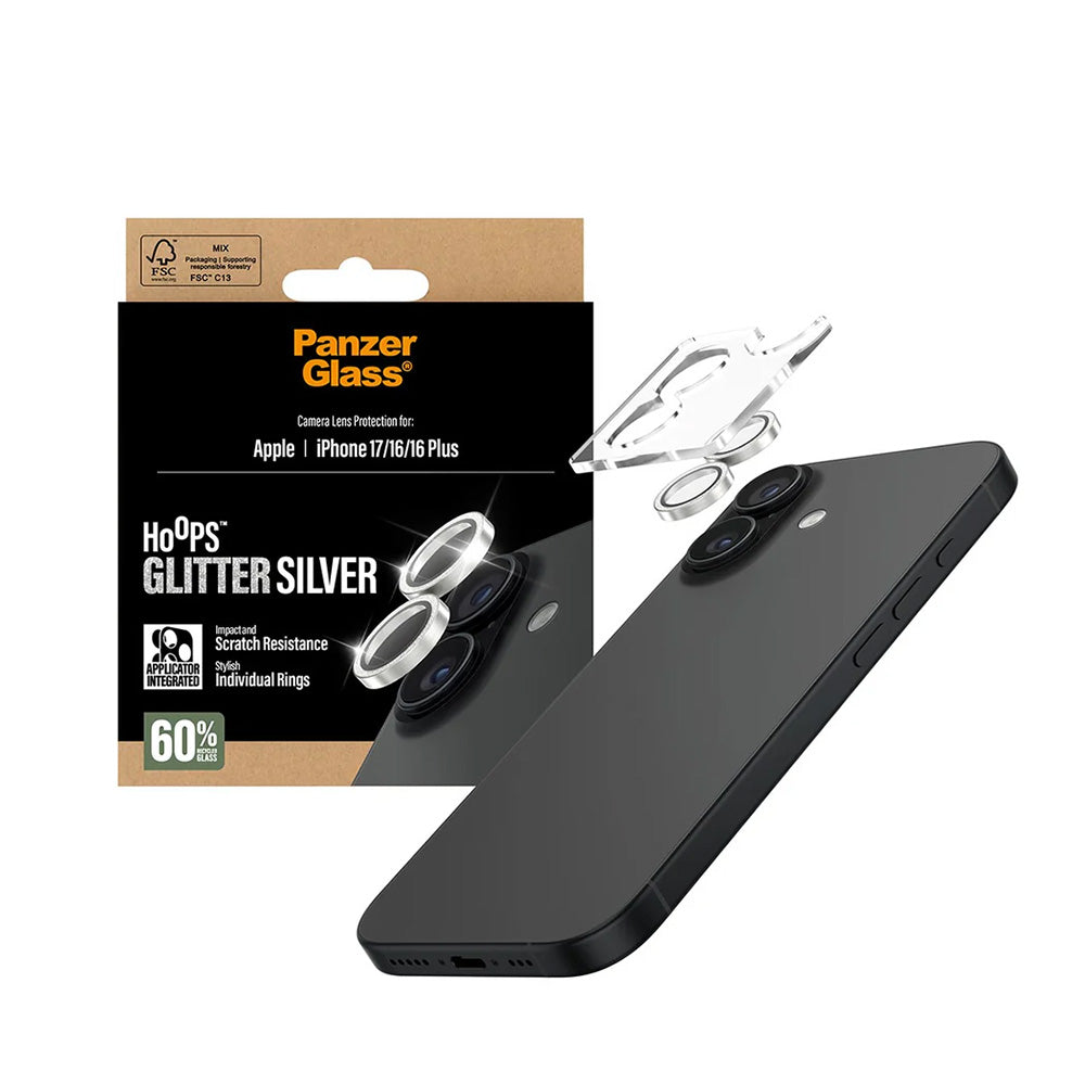 Folie de protectie Camera Spate PanzerGlass Hoops Glitter pentru Apple iPhone 17 / 16 Plus / 16, Sticla Securizata, Argintie