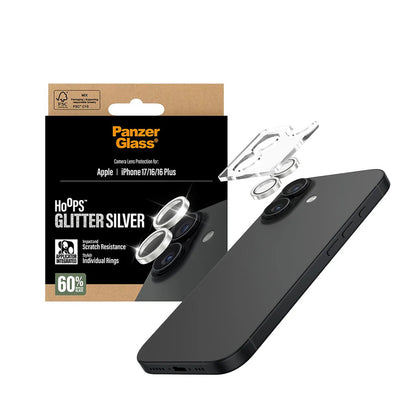 Folie de protectie Camera Spate PanzerGlass Hoops Glitter pentru Apple iPhone 17 / 16 Plus / 16, Sticla Securizata, Argintie