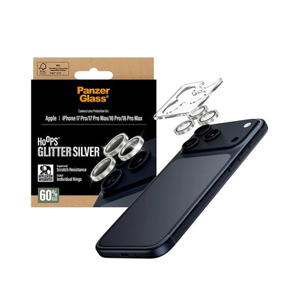 Folie de protectie Camera Spate PanzerGlass Hoops Glitter pentru Apple iPhone 17 Pro Max / 17 Pro / 16 Pro Max / 16 Pro, Sticla Securizata, Argintie