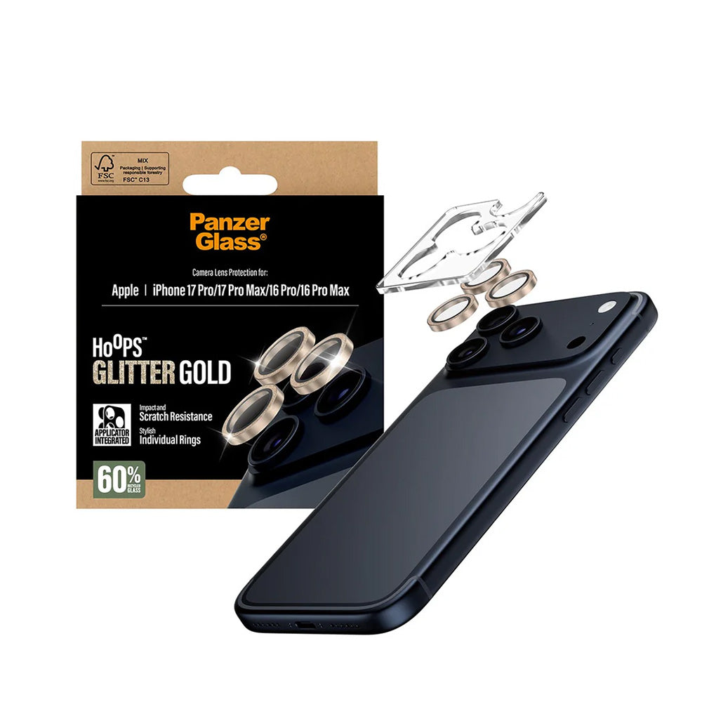 Folie de protectie Camera Spate PanzerGlass Hoops Glitter pentru Apple iPhone 17 Pro Max / 17 Pro / 16 Pro Max / 16 Pro, Sticla Securizata, Aurie