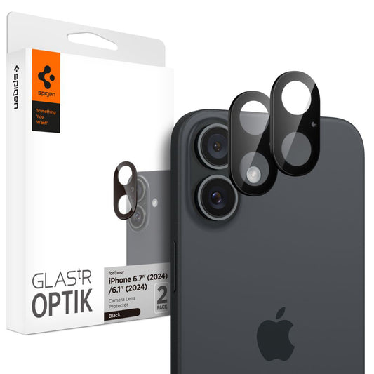 Folie de protectie Camera Spate Spigen GlastR Optik pentru Apple iPhone 16 Plus / 16, Sticla Securizata, Set 2 bucati, Neagra AGL07922