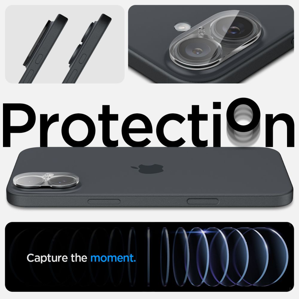 Folie de protectie Camera Spate Spigen GlastR Optik pentru Apple iPhone 16 Plus / 16, Sticla Securizata, Set 2 bucati, Transparenta AGL07923