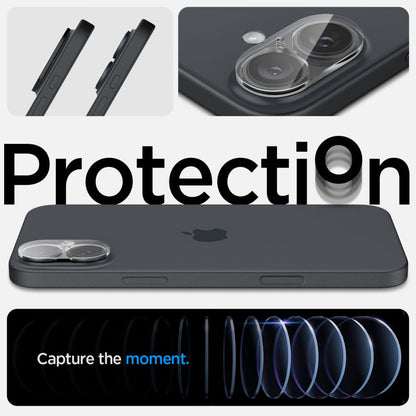Folie de protectie Camera Spate Spigen GlastR Optik pentru Apple iPhone 16 Plus / 16, Sticla Securizata, Set 2 bucati, Transparenta AGL07923