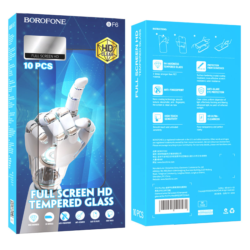 Folie de protectie Ecran Borofone BF6 Diamond Armor pentru Apple iPhone 17e / 16e / 14 / 13 Pro, Sticla Securizata, Full Glue, Set 10 bucati, Neagra