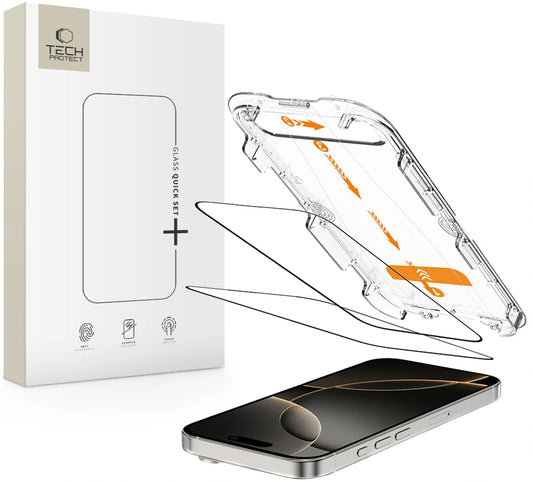 Folie de protectie Ecran Tech-Protect Quick Set+ pentru Apple iPhone 16 Pro, Sticla Securizata, Full Glue, Set 2 bucati, Neagra