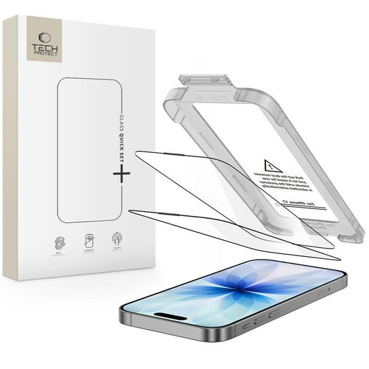 Folie de protectie Ecran Tech-Protect Quick Set+ pentru Apple iPhone 17, Sticla Securizata, Full Glue, Set 2 bucati, Neagra
