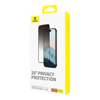 Folie de protectie Ecran Privacy Baseus Diamond pentru Apple iPhone 15 Pro Max, Sticla Securizata, Full Glue P60057405203-03