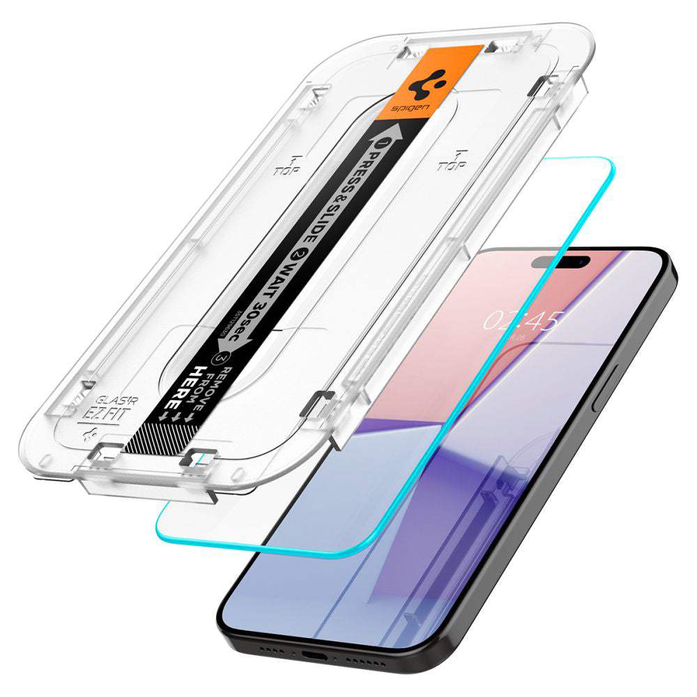 Folie de protectie Ecran Spigen GlastR EZ FIT pentru Apple iPhone 15 Pro, Sticla Securizata, Full Glue, Set 2 bucati AGL06892