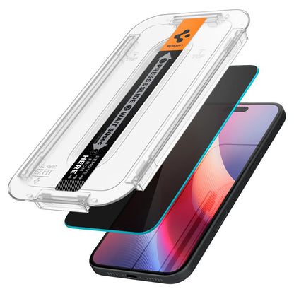 Folie de protectie Ecran Privacy Spigen GlastR EZ FIT pentru Apple iPhone 16 / 15, Sticla Securizata, Full Glue, Set 2 bucati AGL06905