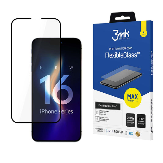 Folie de protectie Ecran 3MK FlexibleGlass Max pentru Apple iPhone 16 Pro, Sticla Flexibila, Full Glue, Neagra