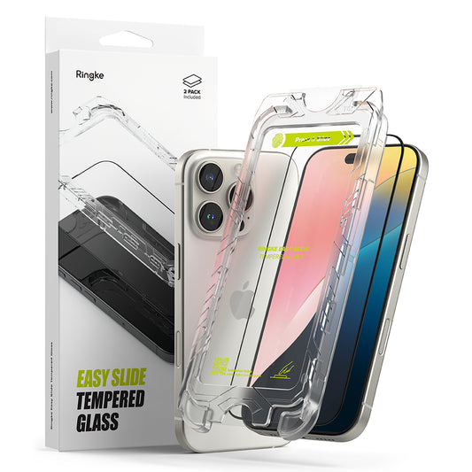 Folie de protectie Ecran Ringke Easy Slide pentru Apple iPhone 16 Pro Max, Sticla Securizata, Full Glue, Set 2 bucati, Neagra