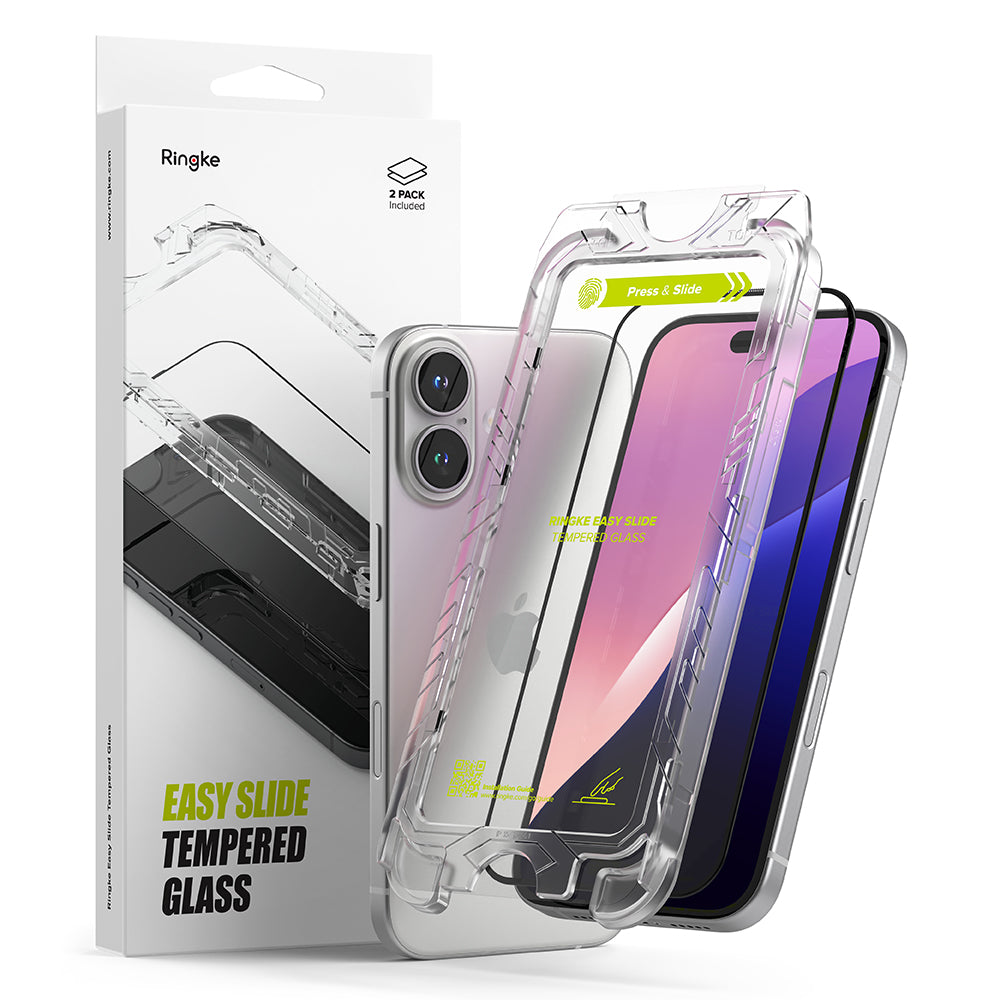 Ringke Easy Slide Screen Protector do Apple iPhone 16/15, szkło ochronne, pełne klejenie, zestaw 2 sztuk, czarny