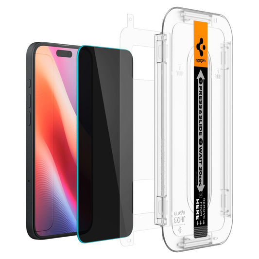 Folie de protectie Ecran Privacy Spigen GlastR EZ FIT pentru Apple iPhone 16 / 15, Sticla Securizata, Full Glue, Set 2 bucati AGL06905