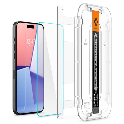 Folie de protectie Ecran Spigen GlastR EZ FIT pentru Apple iPhone 15 Pro, Sticla Securizata, Full Glue, Set 2 bucati AGL06892