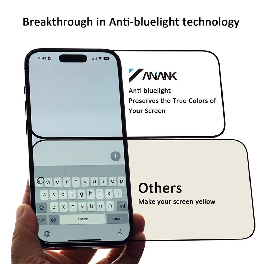 Folie de protectie Ecran Anti Blue Light Anank 3X Reinforced pentru Apple iPhone 16 Pro, Sticla Securizata, Full Glue, 2.5D, Neagra