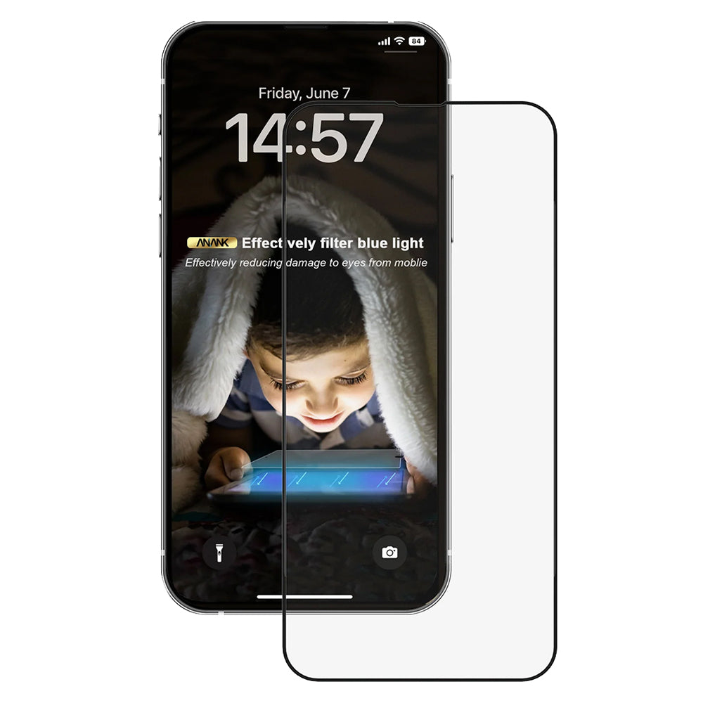 Folie de protectie Ecran Anti Blue Light Anank pentru Apple iPhone 14 Pro Max, Sticla Securizata, Full Glue, 2.5D, Neagra