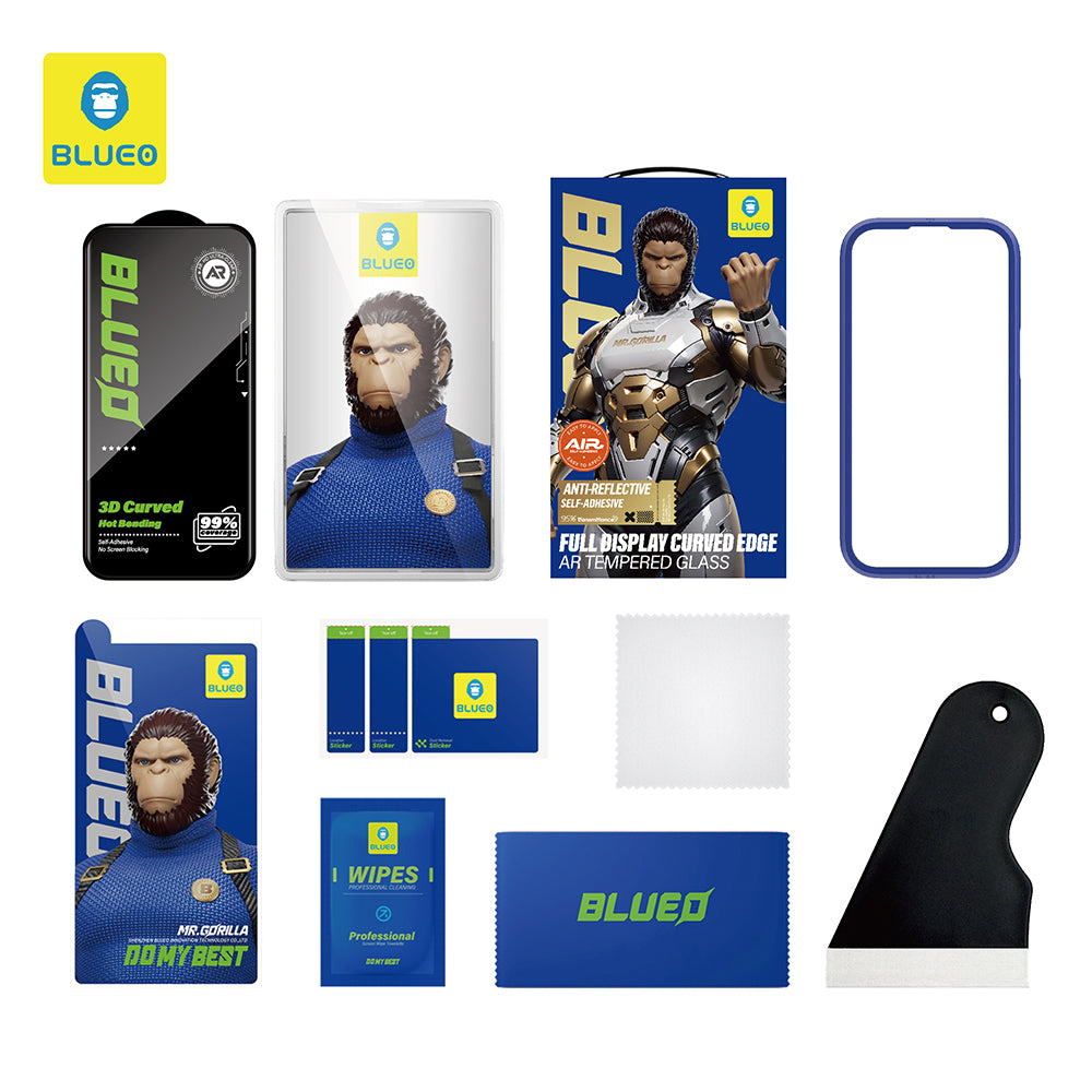 Folie de protectie Ecran Blueo Curved Edge AR Applicator pentru Apple iPhone 18 Pro / 17 Pro / 17 / 16 Pro, Sticla Securizata, Full Glue, 3D, Neagra