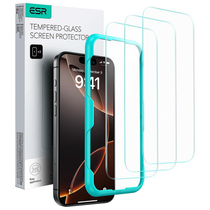Folie de protectie Ecran ESR pentru Apple iPhone 17 / 16 Pro, Sticla Securizata, Full Glue, Set 3 bucati, Neagra