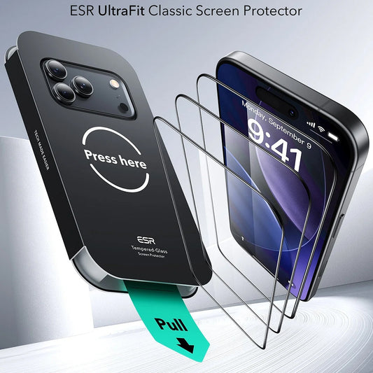 Folie de protectie Ecran ESR UltraFit pentru Apple iPhone 17 Pro Max, Sticla Securizata, Full Glue, Set 3 bucati