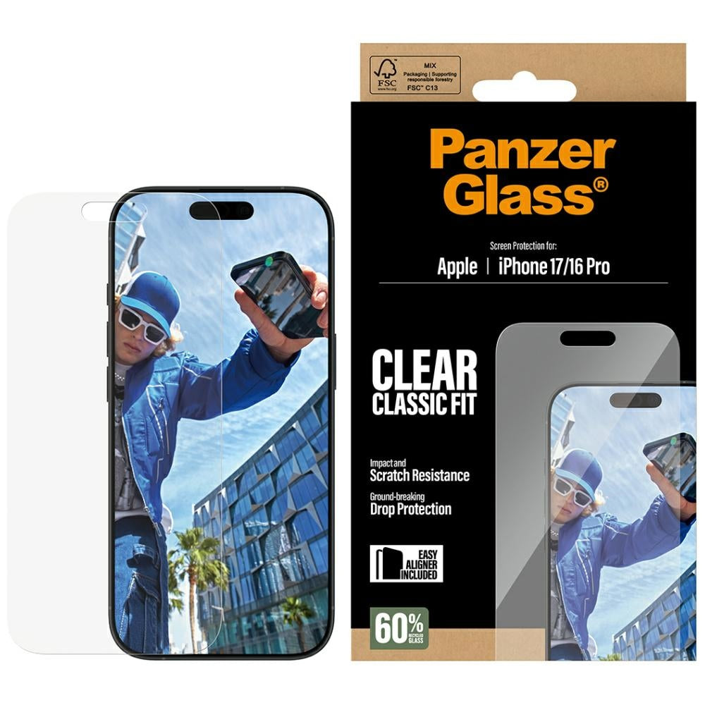 Folie de protectie Ecran PanzerGlass Classic Fit EasyAligner pentru Apple iPhone 17 / 16 Pro, Sticla Securizata, Full Glue