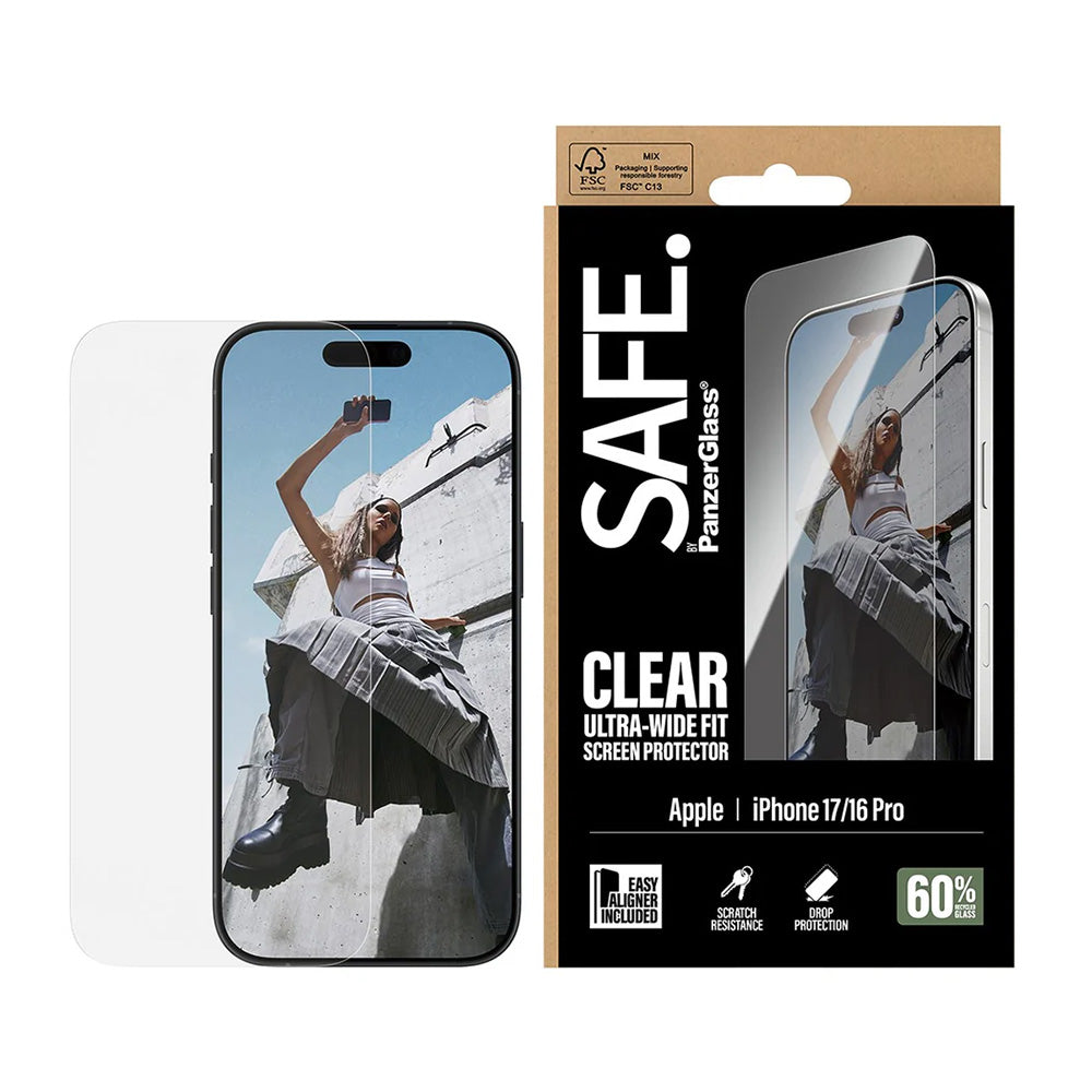 Folie de protectie Ecran PanzerGlass Safe. Ultra-Wide Fit EasyAligner pentru Apple iPhone 17 / 16 Pro, Sticla Securizata, Full Glue