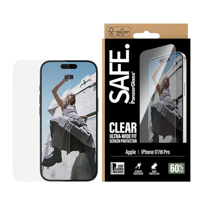 Folie de protectie Ecran PanzerGlass Safe. Ultra-Wide Fit EasyAligner pentru Apple iPhone 17 / 16 Pro, Sticla Securizata, Full Glue