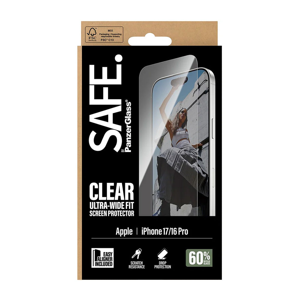 Folie de protectie Ecran PanzerGlass Safe. Ultra-Wide Fit EasyAligner pentru Apple iPhone 17 / 16 Pro, Sticla Securizata, Full Glue