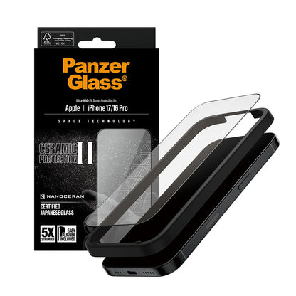 Folie de protectie Ecran PanzerGlass Ultra-Wide Ceramic II EasyAligner pentru Apple iPhone 17 / 16 Pro, Sticla Securizata, Full Glue, Neagra