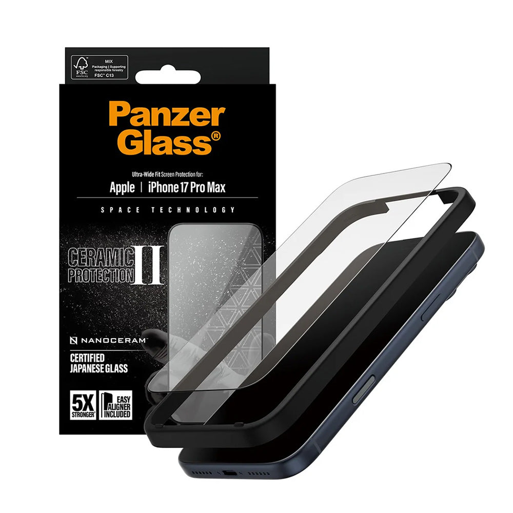 Folie de protectie Ecran PanzerGlass Ultra-Wide Ceramic II EasyAligner pentru Apple iPhone 17 Pro Max, Sticla Securizata, Full Glue, Neagra