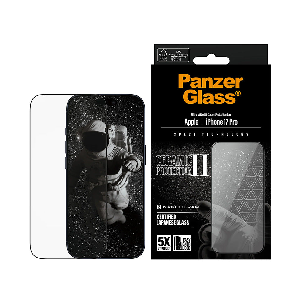 Folie de protectie Ecran PanzerGlass Ultra-Wide Ceramic II EasyAligner pentru Apple iPhone 17 Pro, Sticla Securizata, Full Glue, Neagra