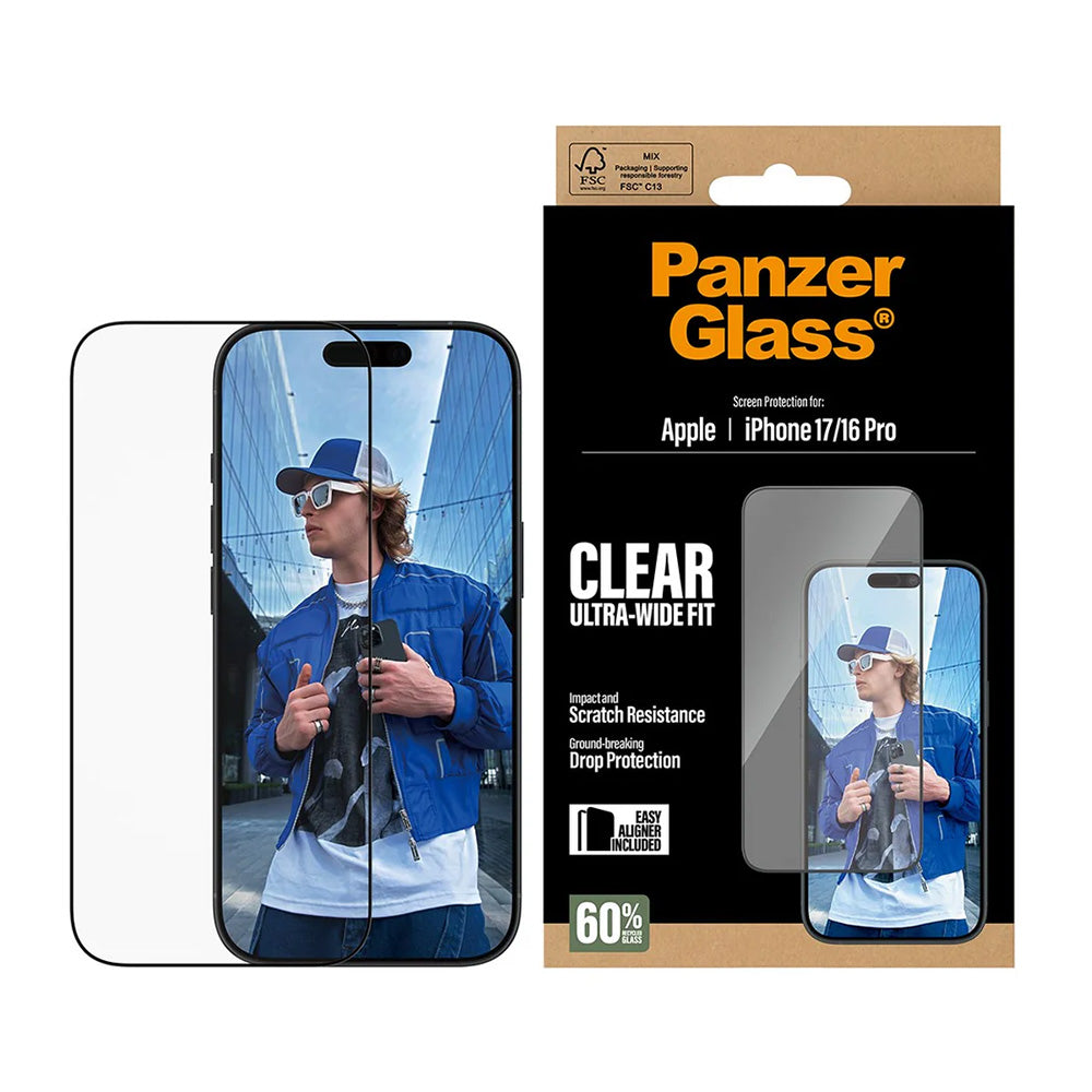 Folie de protectie Ecran PanzerGlass Ultra-Wide Fit EasyAligner pentru Apple iPhone 17 / 16 Pro, Sticla Securizata, Full Glue, Neagra