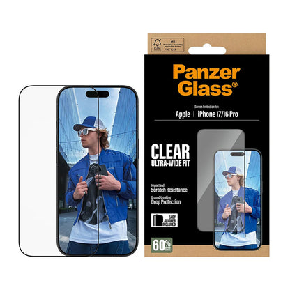 Folie de protectie Ecran PanzerGlass Ultra-Wide Fit EasyAligner pentru Apple iPhone 17 / 16 Pro, Sticla Securizata, Full Glue, Neagra