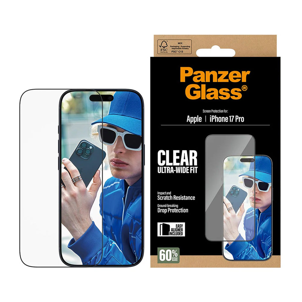Folie de protectie Ecran PanzerGlass Ultra-Wide Fit EasyAligner pentru Apple iPhone 17 Pro, Sticla Securizata, Full Glue, Neagra