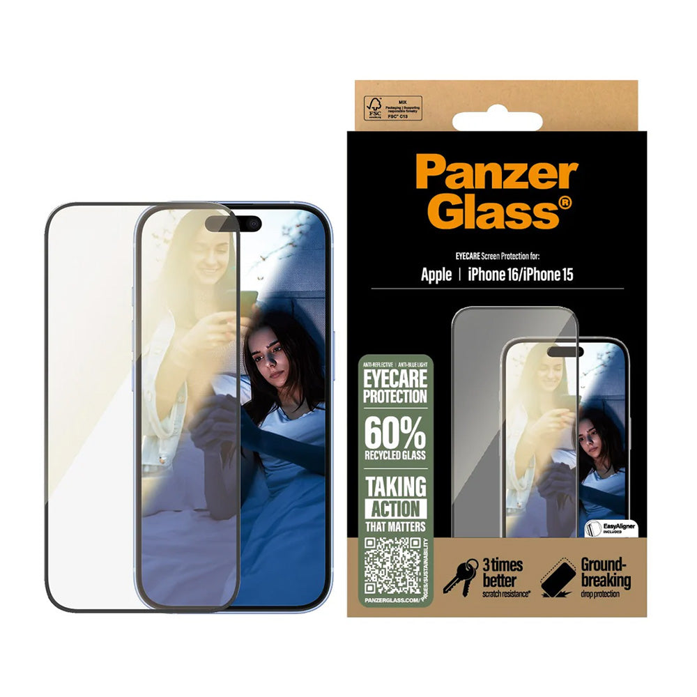 Folie de protectie Ecran PanzerGlass Ultra-Wide Fit EyeCare pentru Apple iPhone 16 / 15, Sticla Securizata, Full Glue, Neagra