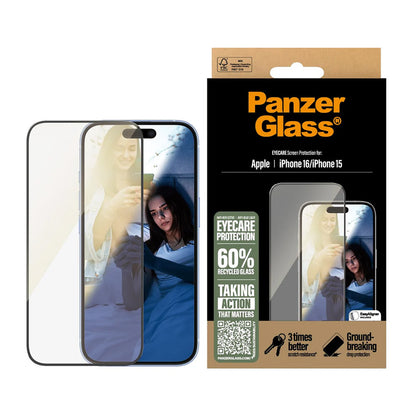 Folie de protectie Ecran PanzerGlass Ultra-Wide Fit EyeCare pentru Apple iPhone 16 / 15, Sticla Securizata, Full Glue, Neagra