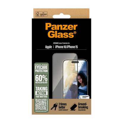 Folie de protectie Ecran PanzerGlass Ultra-Wide Fit EyeCare pentru Apple iPhone 16 / 15, Sticla Securizata, Full Glue, Neagra