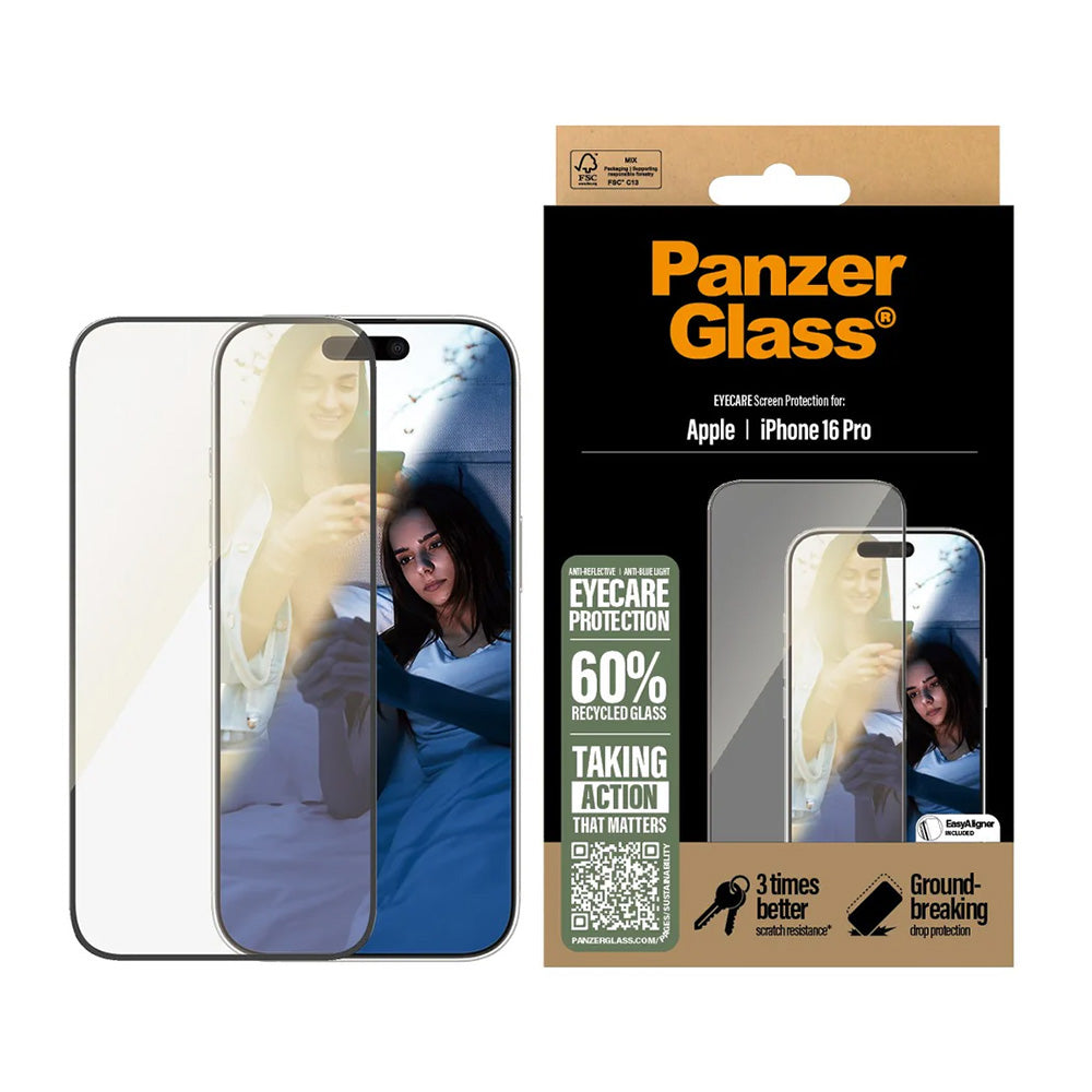 Folie de protectie Ecran PanzerGlass Ultra-Wide Fit EyeCare pentru Apple iPhone 16 Pro, Sticla Securizata, Full Glue, Neagra